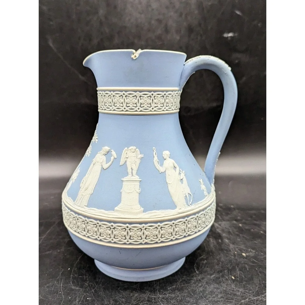 Antique Wedgwood Blue Jasperware Etruscan Syrup Pitcher W/Lid England 7.25*